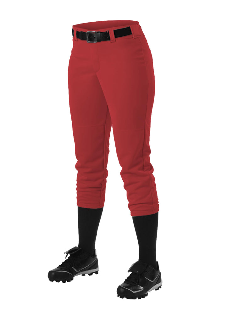 Athletic Fastpitch Softball Pants for Women. Low Rise Double Knit Scarlet Softball Pants with Belt Loop (Style 605PBW) L