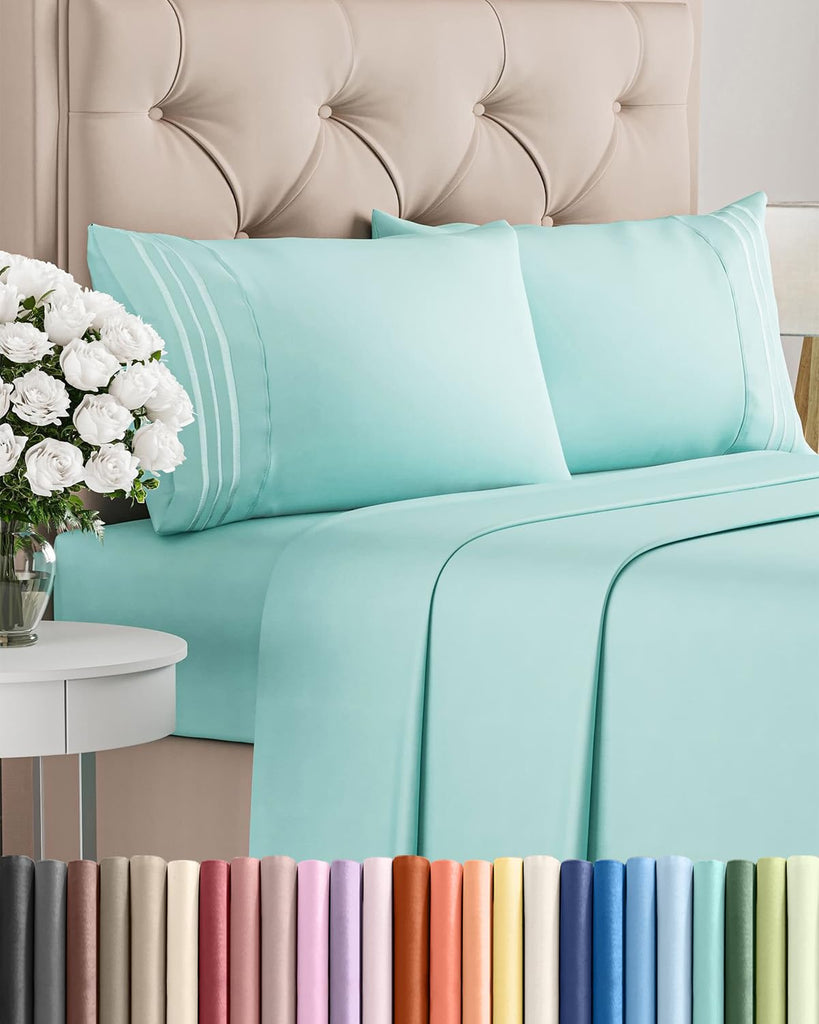 Full Size 4 Piece Sheet Set - Comfy Breathable & Cooling Sheets - Spa Blue