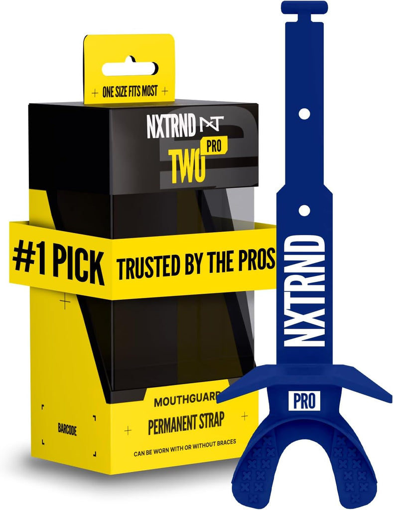 Nxtrnd Two Pro Football Mouth Guard, Permanent Strap, Fits Adult & Youth (Navy Blue)