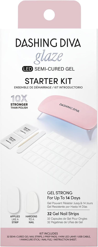 Dashing Diva Glaze Nail Starter Kit - Daikon - Long Lasting, Chip Resistant, Semi-Cured Gel Nail Strips - 7-Piece Manicu