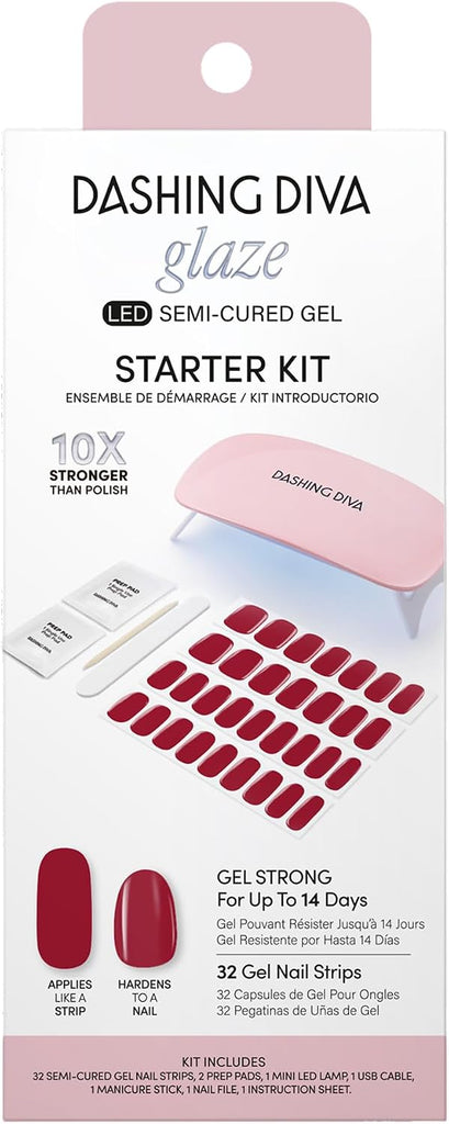 Dashing Diva Glaze Nail Starter Kit - Hot Tamale - Long Lasting, Chip Resistant, Semi-Cured Gel Nail Strips - 7-Piece Ma