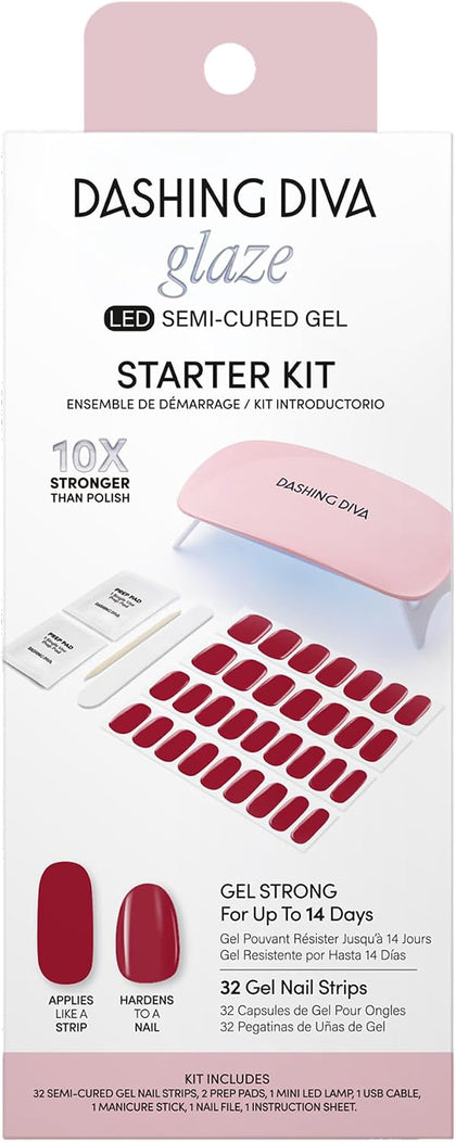 Dashing Diva Glaze Nail Starter Kit - Hot Tamale - Long Lasting, Chip Resistant, Semi-Cured Gel Nail Strips - 7-Piece Manicure Set with 32 Strips and Mini LED Lamp