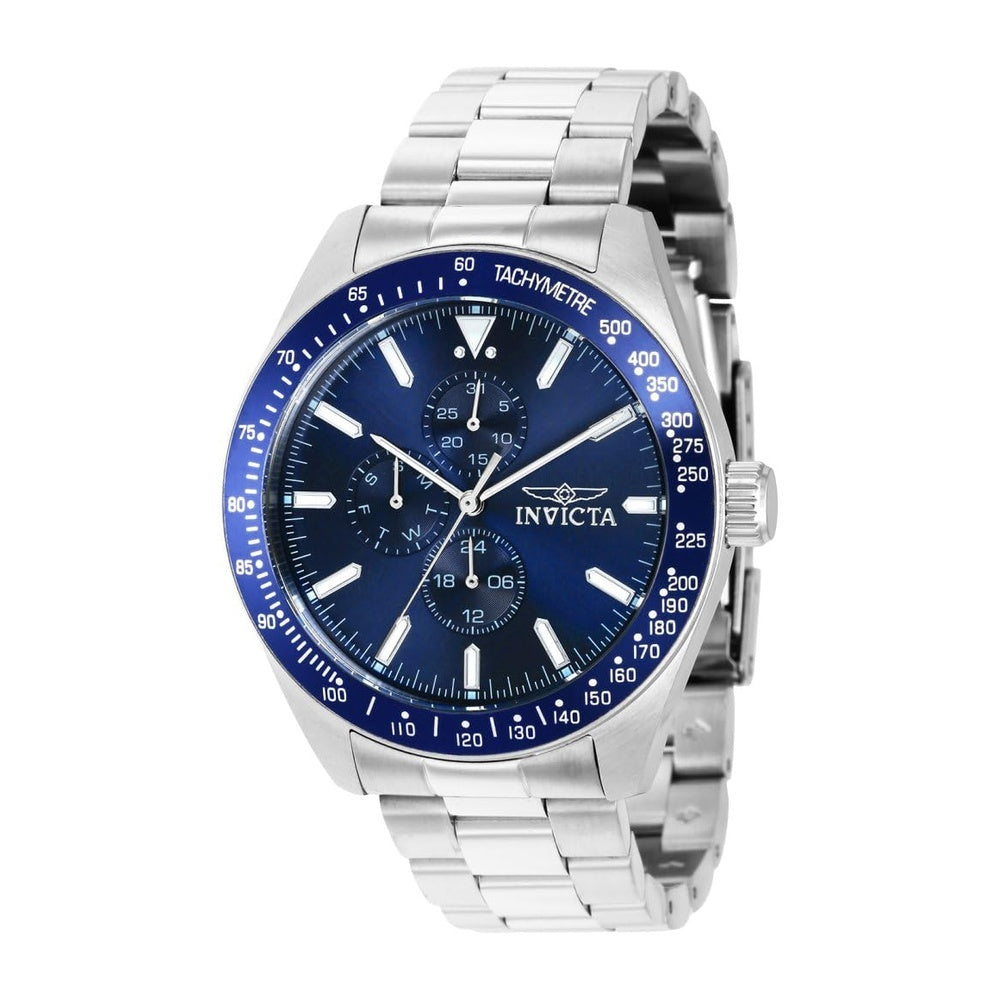 Reloj Invicta Aviator para hombres en acero inoxidable plata con esfera azul, movimiento de cuarzo y hebilla de espiga