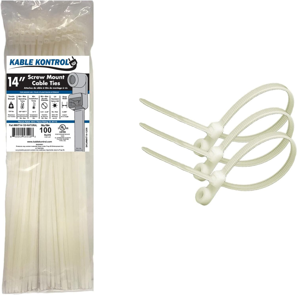 Kable Kontrol Screw Hole Zip Ties 14 Inch 100 Pcs Natural White 120lbs Test