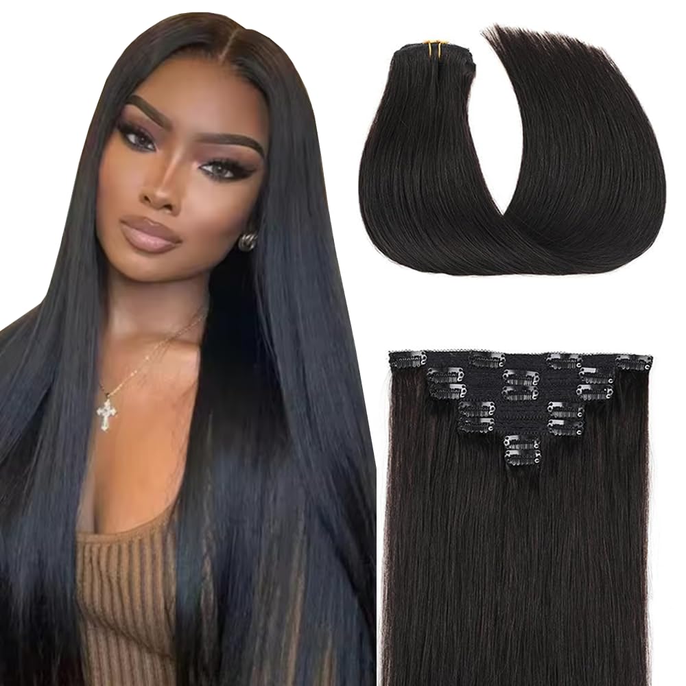 20 Inch #1B Natural Black Straight Clip in Human Hair Extensions 7 Pieces 120g Knotless Double Weft Black Clip ins Straight Hair Extensions for Women