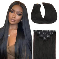 20 Inch #1B Natural Black Straight Clip in Human Hair Extensions 7 Pieces 120g Knotless Double Weft Black Clip ins Straight Hair Extensions for Women