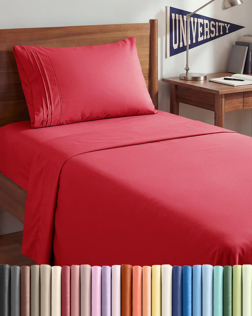 Twin XL 3 Piece Sheet Set - College Dorm Room Essentials - Red