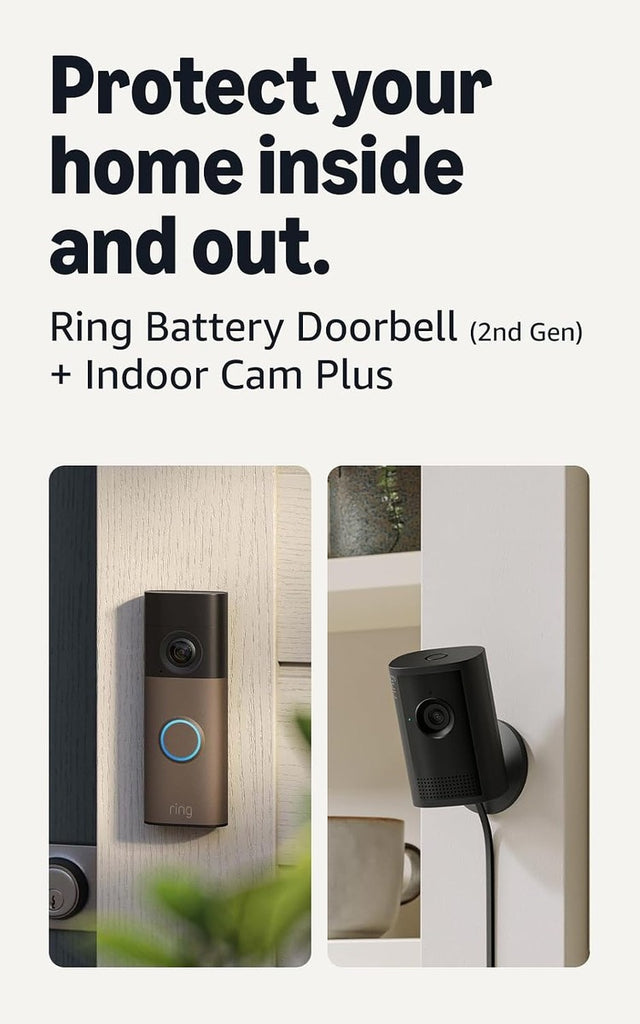 Ring Battery Doorbell (newest model), Matte Mocha with Indoor Cam Plus, Black