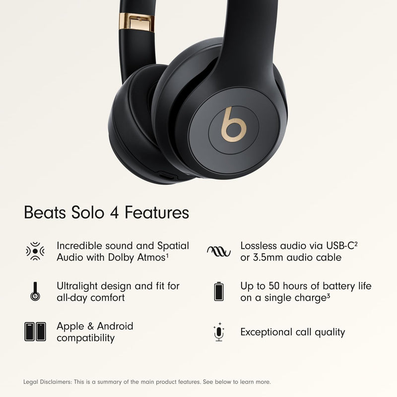 Beats Solo 4 - Negro y dorado — Audífonos inalámbricos Bluetooth on-ear, hasta 50h