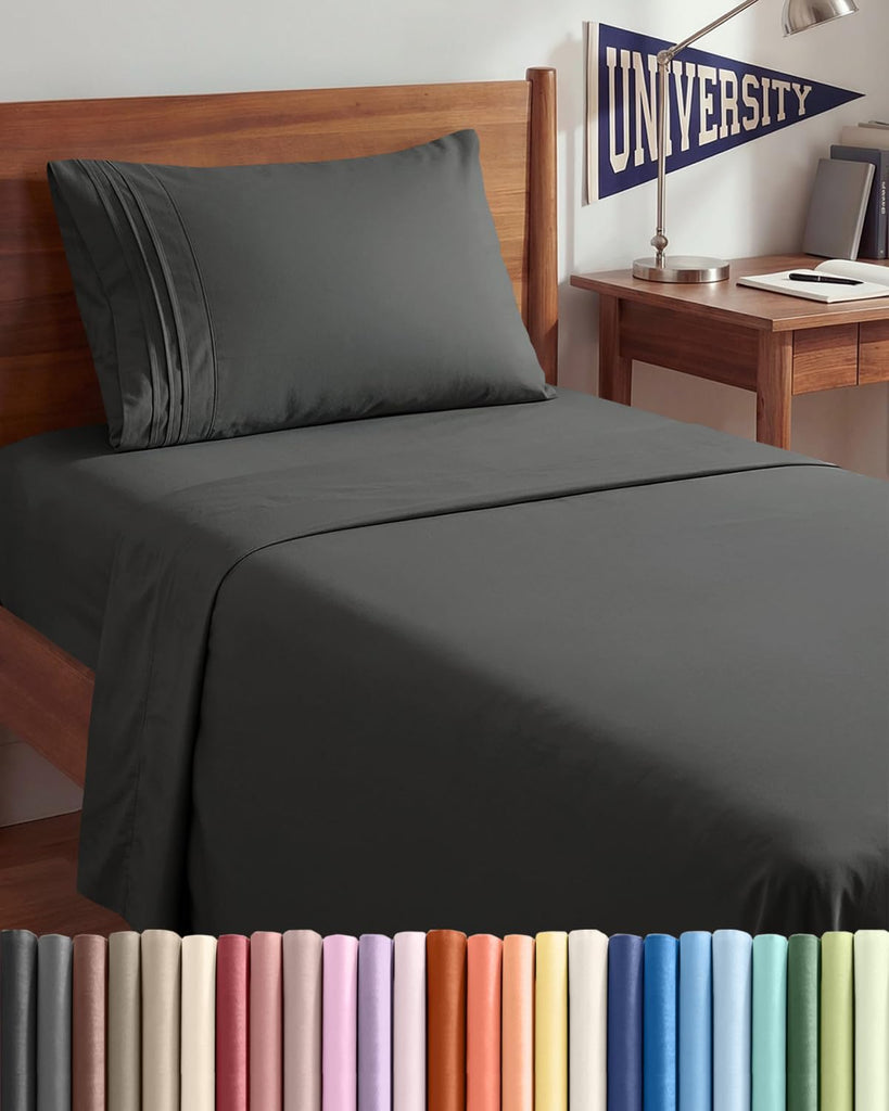 Twin XL 3 Piece Sheet Set - College Dorm Room Essentials - Charcoal