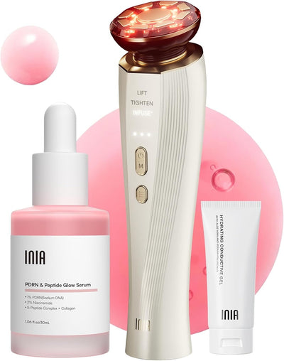 INIA Flare - Dispositivo facial de microcorriente 3 en 1, terapia de luz roja para cara y cuello, herramienta de masajeador con calor y vibración para el cuidado de la piel, hinchazón, reafirmación