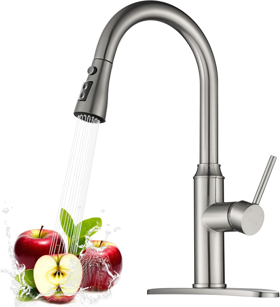 Arofa Pull Out Kitchen Faucet, 3-Mode Sprayer, Brushed Nickel