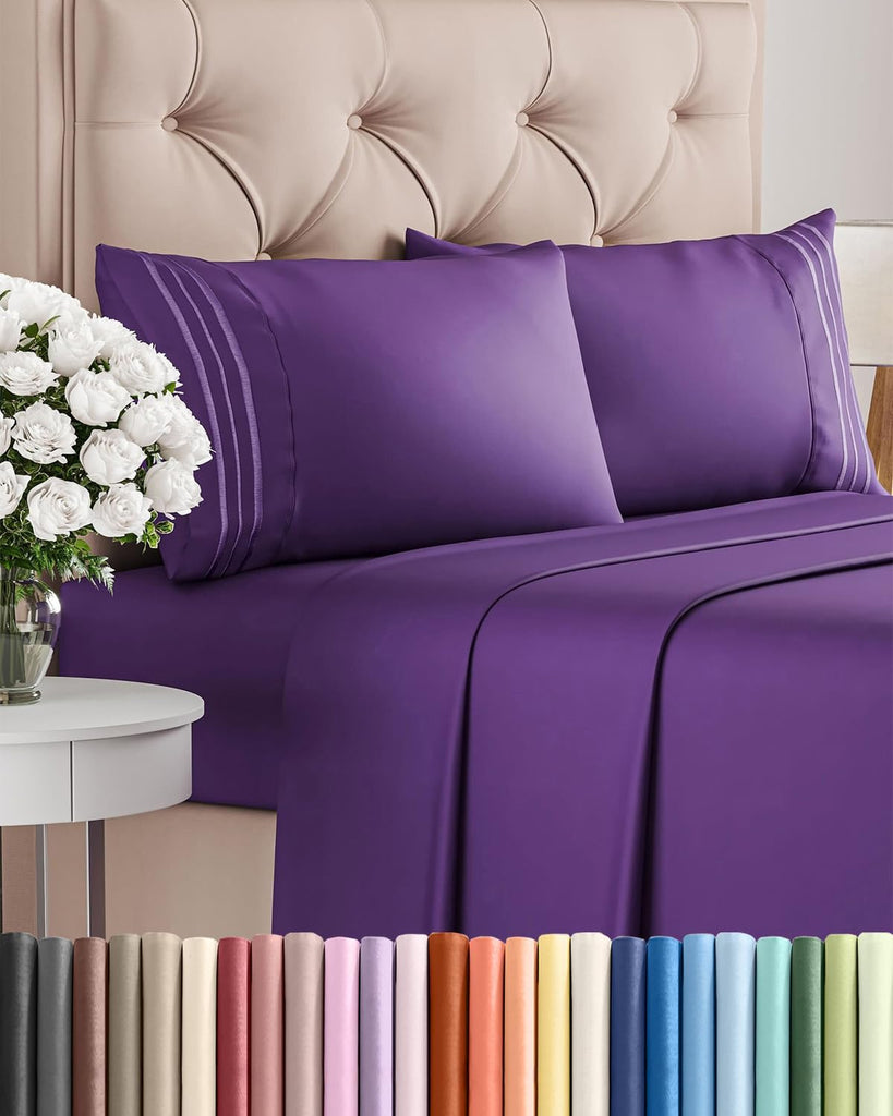 King Size 4 Piece Sheet Set - Comfy Breathable & Cooling Sheets - Purple