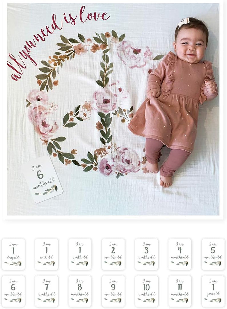 Lulujo Baby’s First Year Milestone Blanket and Card Set | 40in x 40in (All You Need is Love)