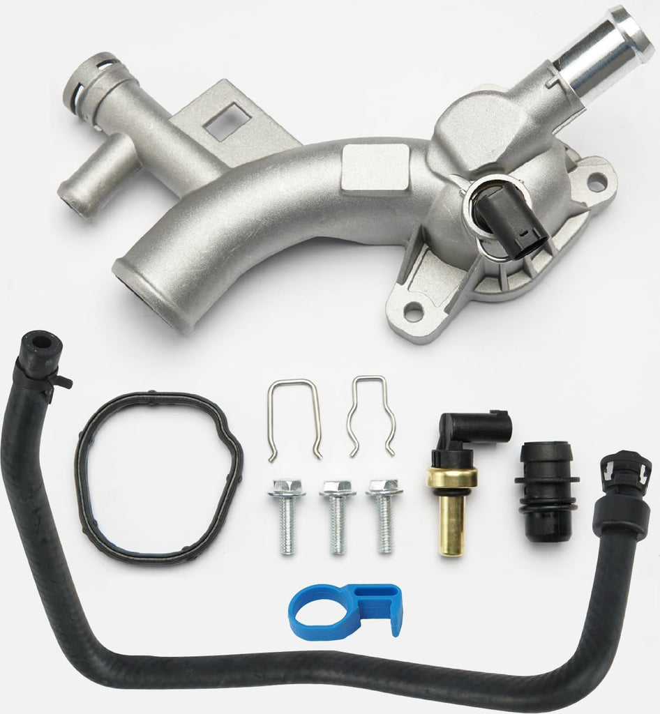Aluminum Engine Coolant Thermostat Housing Water Outlet Kit with Coolant Reservoir Inlet Hose Compatible with 2011-2021
