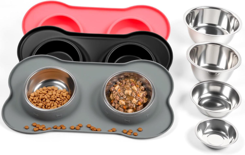 Conlun Dog Bowls with Silicone Mat, No Spill Stainless Set, S, Grey