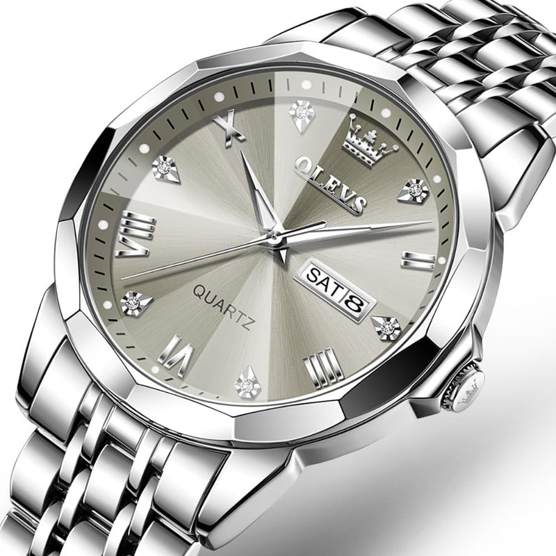 OLEVS Watch for Men Diamond Business Dress Analog Quartz Stainless Steel Waterproof Luminous Date Two Tone Luxury Casual Wrist Watch Blue