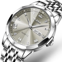 OLEVS Watch for Men Diamond Business Dress Analog Quartz Stainless Steel Waterproof Luminous Date Two Tone Luxury Casual Wrist Watch Blue