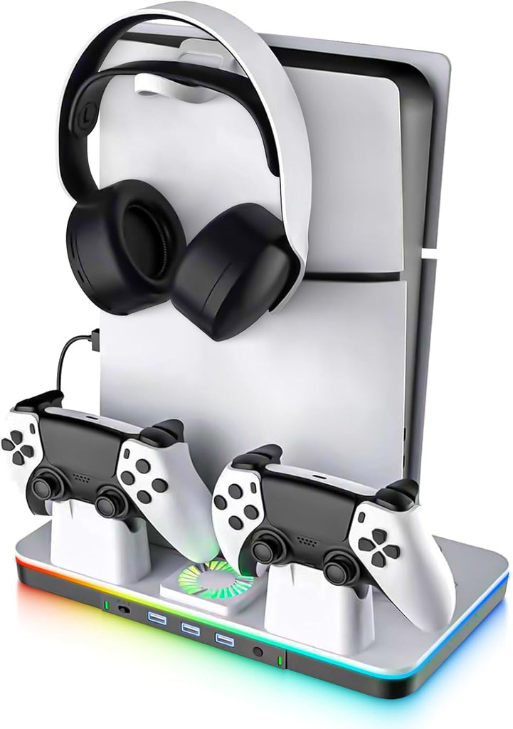 G-STORY Stand & Cooling Station for PS5/Pro/Slim, Dual Controller Charger, RGB Fan, Headset Holder