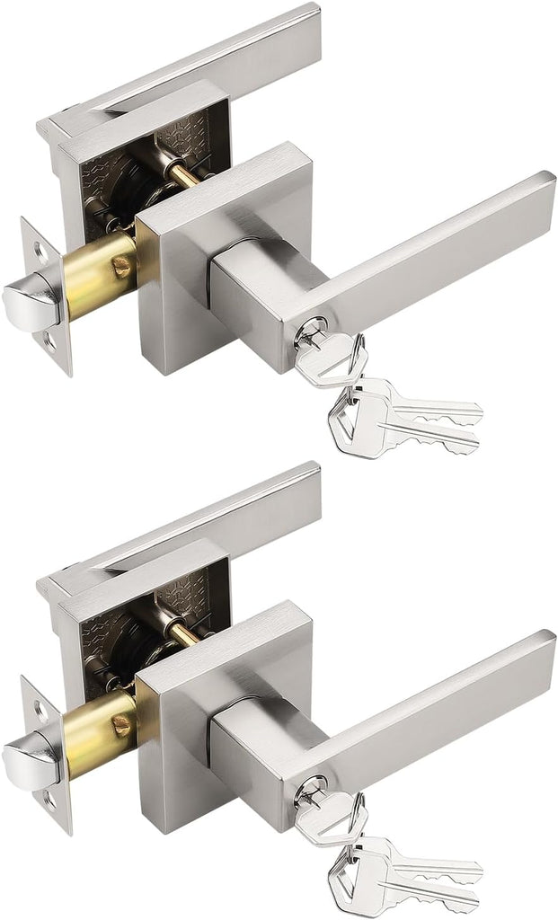 Tinewa 2 Pack Square Entry Door Levers with Lock and Key, Brushed Nickel Entrance Door Handles, for Exterior or Interior