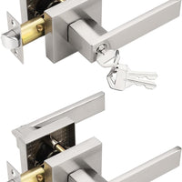 Tinewa 2 Pack Square Entry Door Levers with Lock and Key, Brushed Nickel Entrance Door Handles, for Exterior or Interior