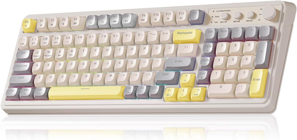 AULA S99 Gaming Keyboard, Ergonomic Computer Keyboards, Wireless Creamy Keyboard Full Size Cute Backlit Media Knob Progr