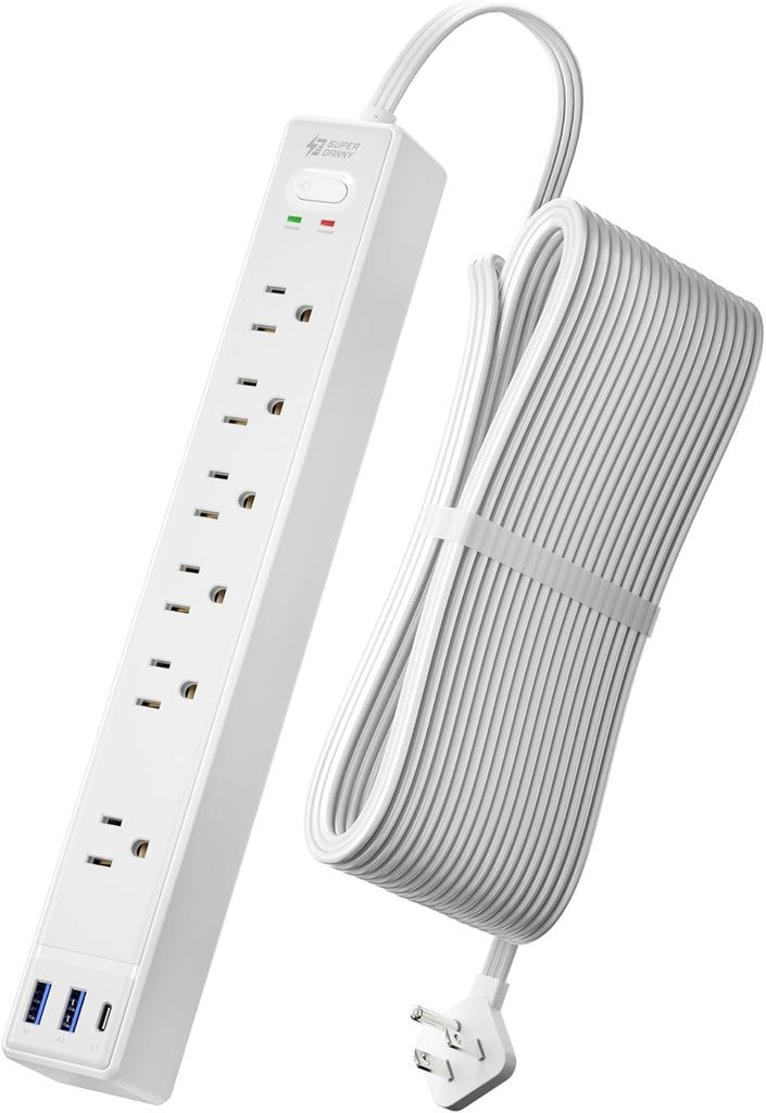 20Ft Long Extension Cord, SUPERDANNY Flat Plug Surge Protector Power Strip