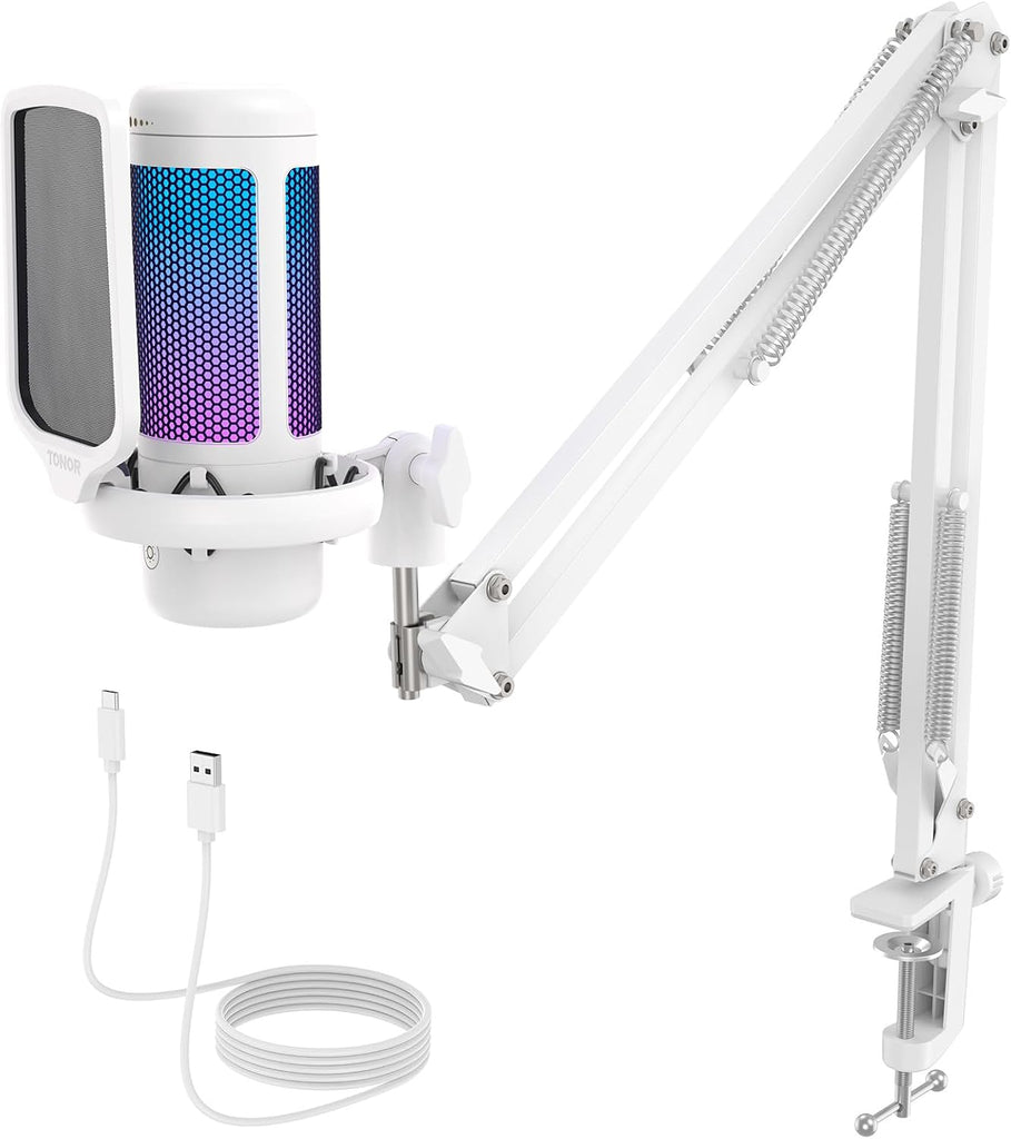 TONOR Gaming Microphone Arm Set, RGB Condenser Mic with Boom Arm, Quick Mute, Adjustable RGB Brightness, Pop Filter, Sho