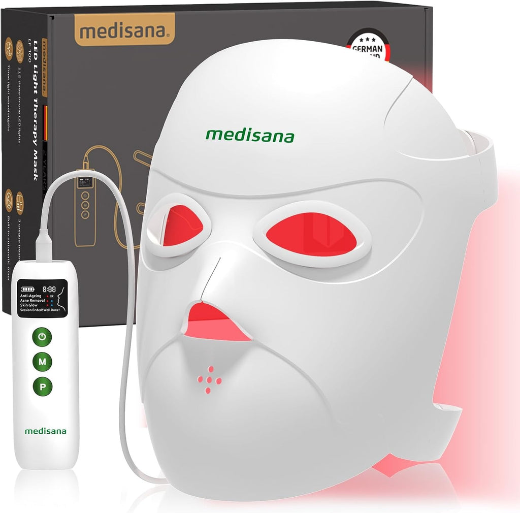 Medisana - Terapia de luz roja 3D para cara, 336 LED con 3 modos, NIR 830 nm, rojo 630 nm, azul 415 nm, diseño ergonómico de silicona 3D, máscara facial LED inalámbrica y recargable, regalos para el c