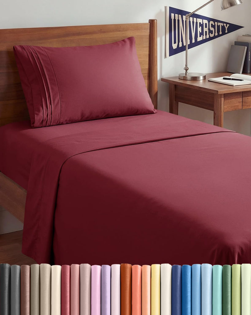Twin XL 3 Piece Sheet Set - College Dorm Room Essentials - Burgundy