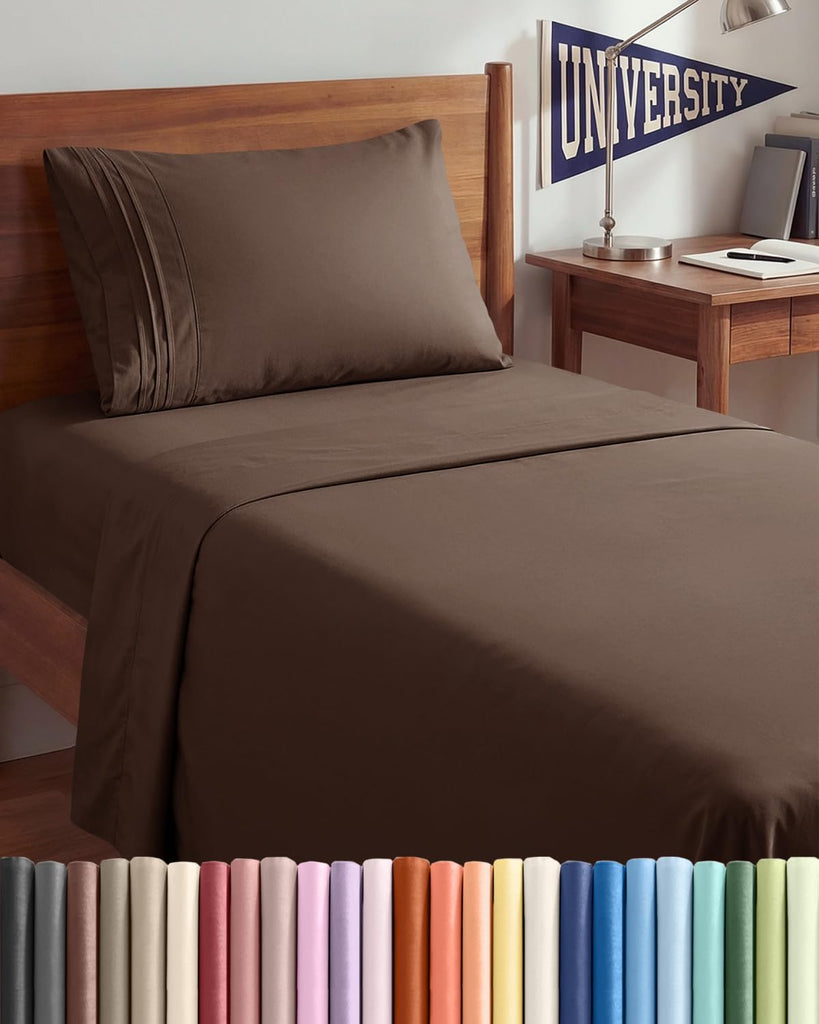 Twin XL 3 Piece Sheet Set - College Dorm Room Essentials - Brown