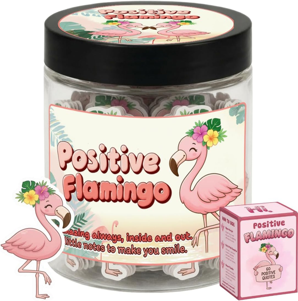 Positive Flamingo Jar with 60 Daily Affirmation Cards, Emotional Support Flamingo Decor, Mini Flamingo Figurines, Birthday Gifts for Women and Friends, Inspirational Desk Present for Coworkers