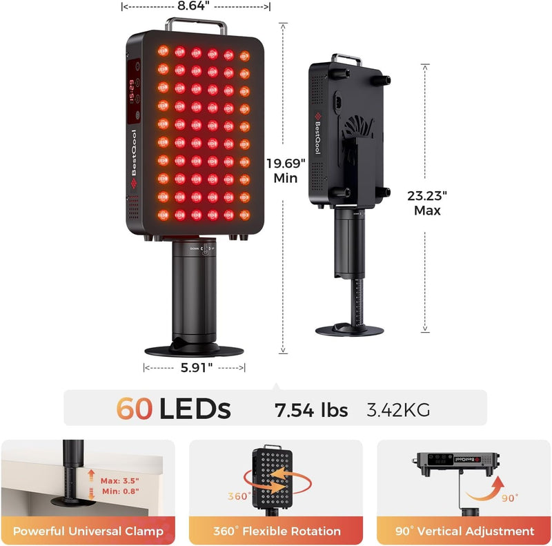 BestQool Panel de terapia de luz roja, terapia de luz infrarroja de 6 longitudes de onda con soporte, FSA-HSA Elite Grade 60 LED terapia de luz roja de doble chip para cuerpo, cara, lámpara de luz inf