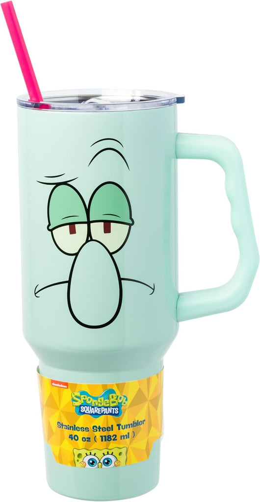 Silver Buffalo SpongeBob SquarePants Double Walled Stainless Steel Tumbler with Handle Featuring Squidward, Fits in Standard Cup Holder, 40 Ounces
