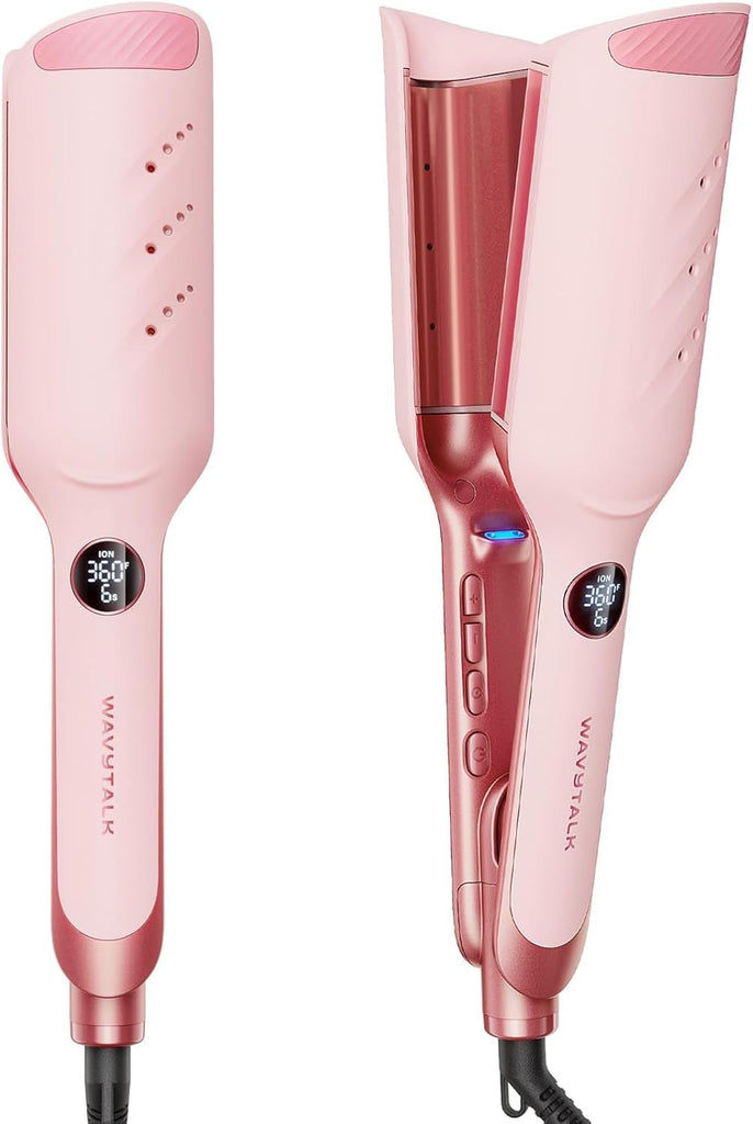Wavytalk Power Wave - Engarzador de pelo, rizador, diseño de ventilación para menos daños, iónico reduce el encrespamiento, ondulado sin esfuerzo, plancha de doble voltaje, rosa