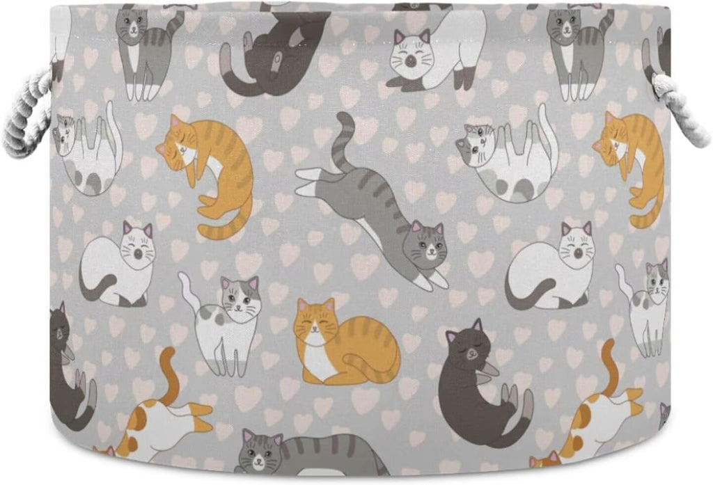 LEANSHSA Cute Cat Print Collapsible Round Storage Basket with Handles