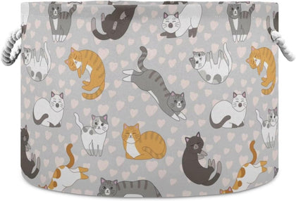 LEANSHSA Cute Cat Print Collapsible Round Storage Basket with Handles