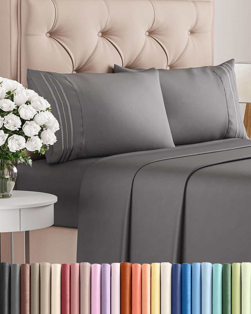Queen Size 4 Piece Sheet Set - Breathable & Cooling Sheets - Dark Grey - 40 - Heathered Grey / Twin