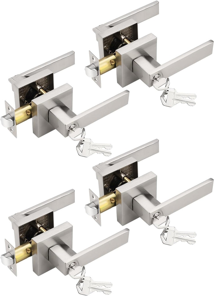 Tinewa 4 Pack Entry Door Levers with Lock and Key, Brushed Nickel Keyed Alike Lockset Combo Pack, Entrance Door Handles