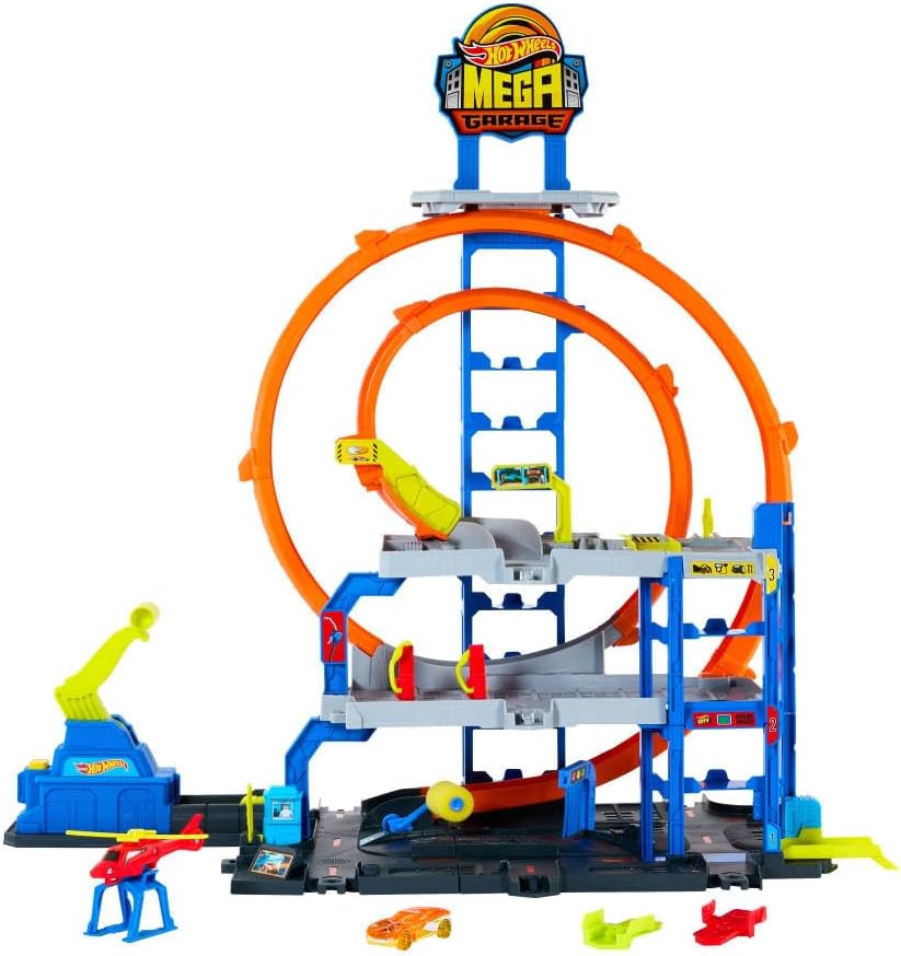 Hot Wheels Mega Loop Garage Track Set with Toy Car & Helicopter