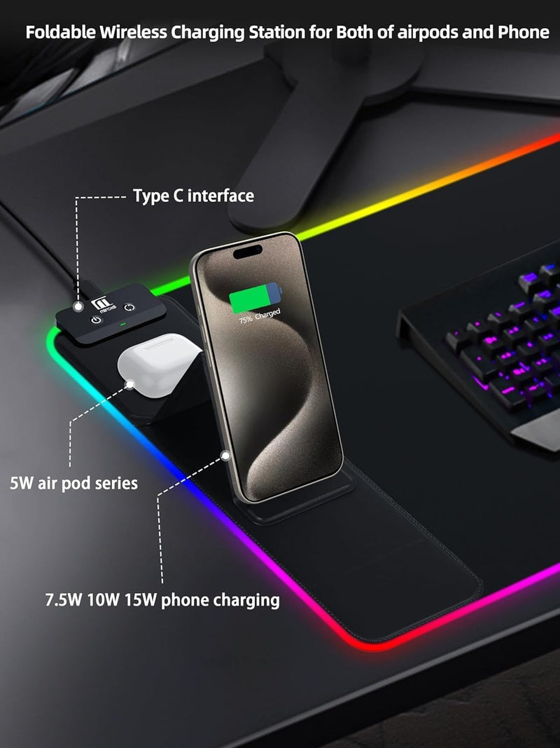 Miroddi XXL Mouse Pad with Phone Holder - Black, RGB Desk Mat with 15W Fast Charging, LED Gaming Mousepad with 11 Light Colors, Waterproof Non-Slip Pad for Office & Home (Black with PD Adapter)