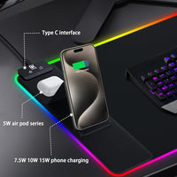 Miroddi XXL Mouse Pad with Phone Holder - Black, RGB Desk Mat with 15W Fast Charging, LED Gaming Mousepad with 11 Light Colors, Waterproof Non-Slip Pad for Office & Home (Black with PD Adapter)