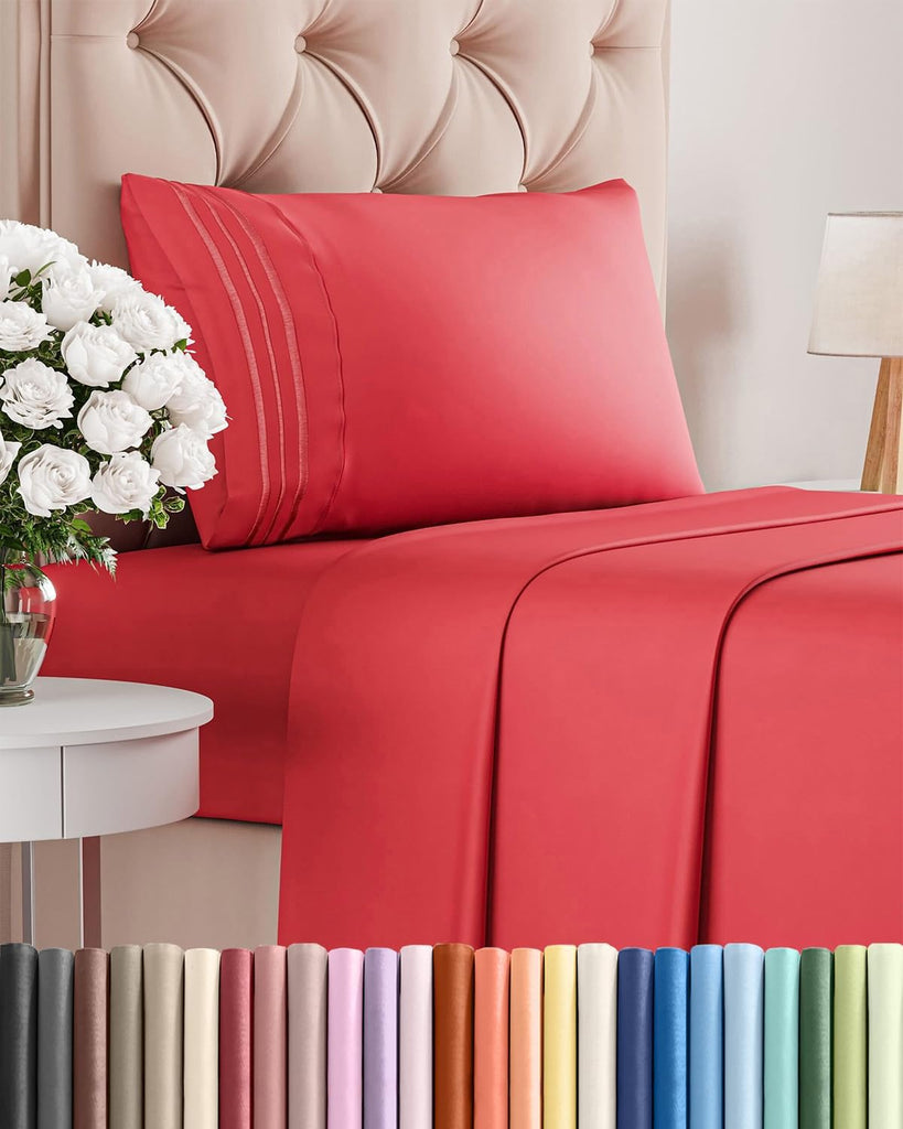 Twin Size 3 Piece Sheet Set - Comfy Breathable & Cooling Bed Sheets - Red