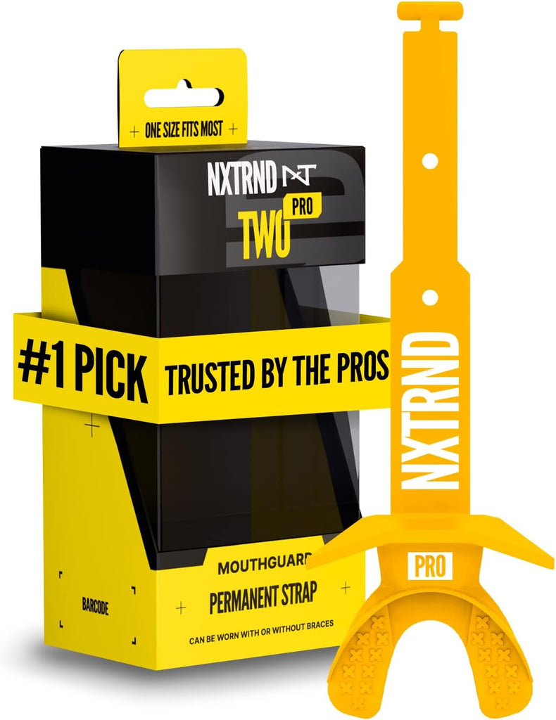Nxtrnd Two Pro Football Mouth Guard, Permanent Strap, Fits Adult & Youth (Yellow)