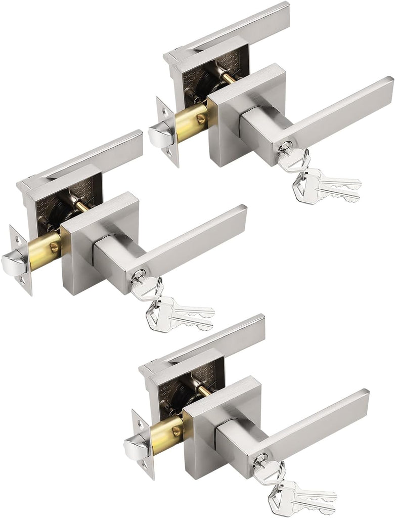 Tinewa 3 Pack Entry Door Levers with Lock and Key, Brushed Nickel Keyed Alike Lockset Combo Pack, Entrance Door Handles