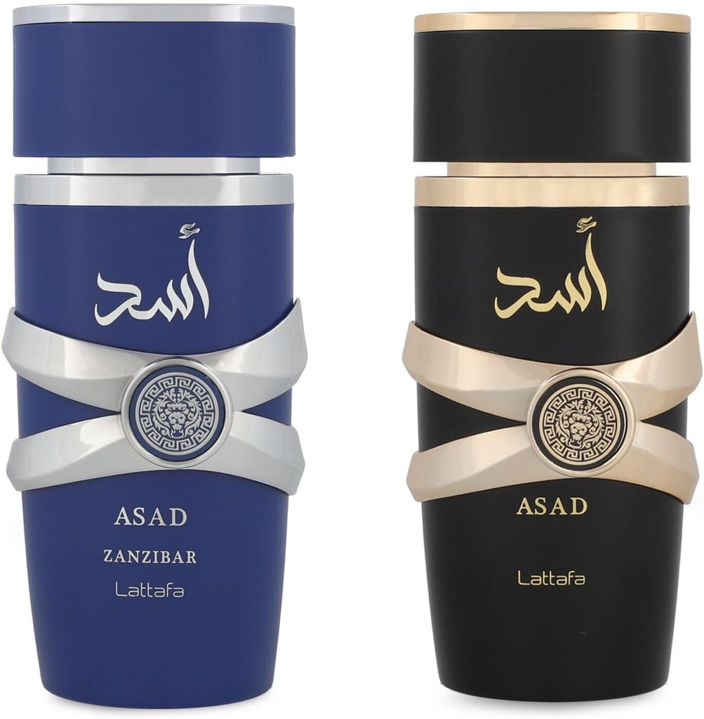 Lattafa Asad Edición del 5º Aniversario – Picante, Amadeirado, Ámbar, Dulce – Set de Regalo de 2 Piezas de Eau de Parfum para Hombre (Asad + Asad Zanzibar, 2 × 100 ml / 3.4 Onzas Spray)