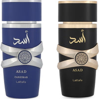 Lattafa Asad Edición del 5º Aniversario – Picante, Amadeirado, Ámbar, Dulce – Set de Regalo de 2 Piezas de Eau de Parfum para Hombre (Asad + Asad Zanzibar, 2 × 100 ml / 3.4 Onzas Spray)