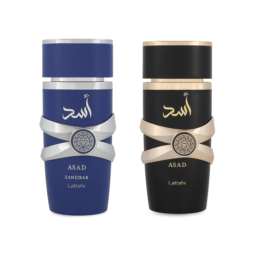 Lattafa Asad 5th Anniversary Edition – Spicy, Woody, Amber, Sweet – 2 Piece Eau de Parfum Gift Set for Men (Asad + Asad Zanzibar, 2 × 3.4 Ounce / 100 ml Sprays)