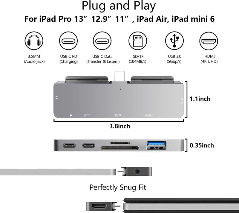 Hub USB-C 7 en 1 NXPGKEA para iPad Pro / Air (HDMI 4K, PD, SD/TF, USB 3.0, Jack 3.5mm)