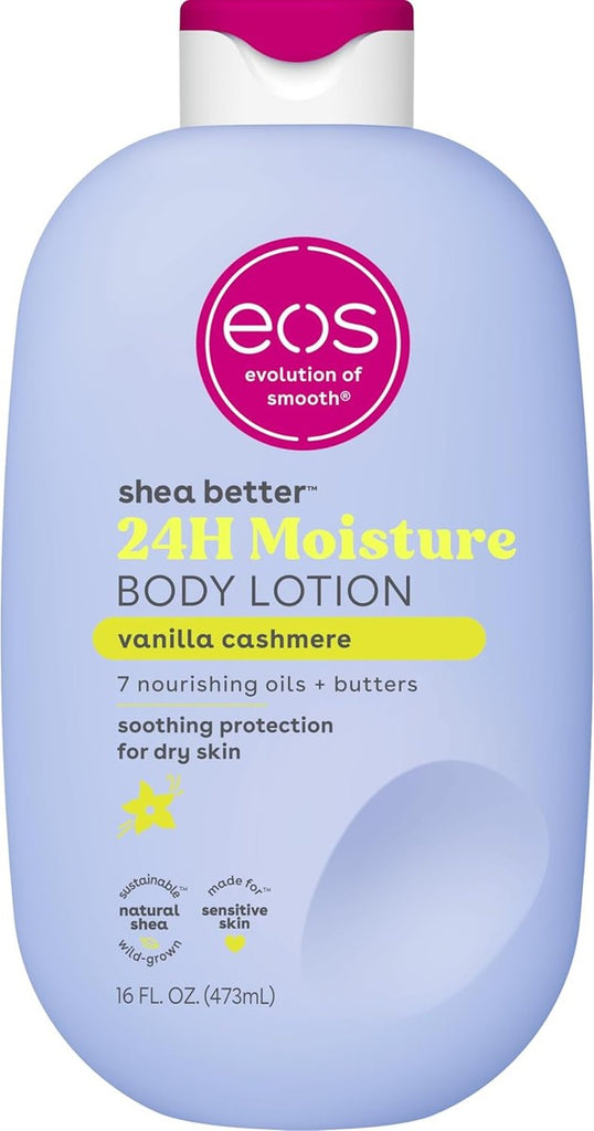 eos Shea Better Loción corporal Vanilla Cashmere, cuidado de la piel con humedad las 24 horas, ligera y no grasosa, karité natural, vegano, loción corporal de vainilla, 16 onzas líquidas